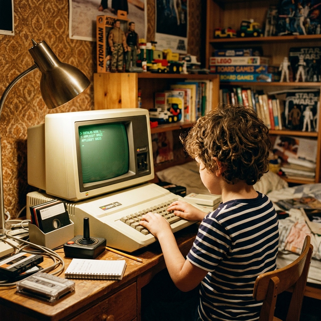 A young boy with curly brown hair using an Apple II Europlus computer in the 1980s