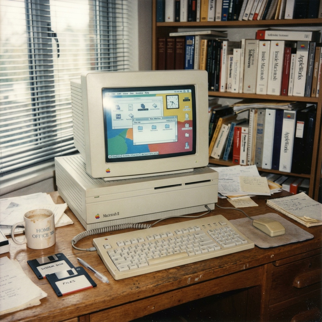 An Apple Macintosh II computer with colour monitor on a desk