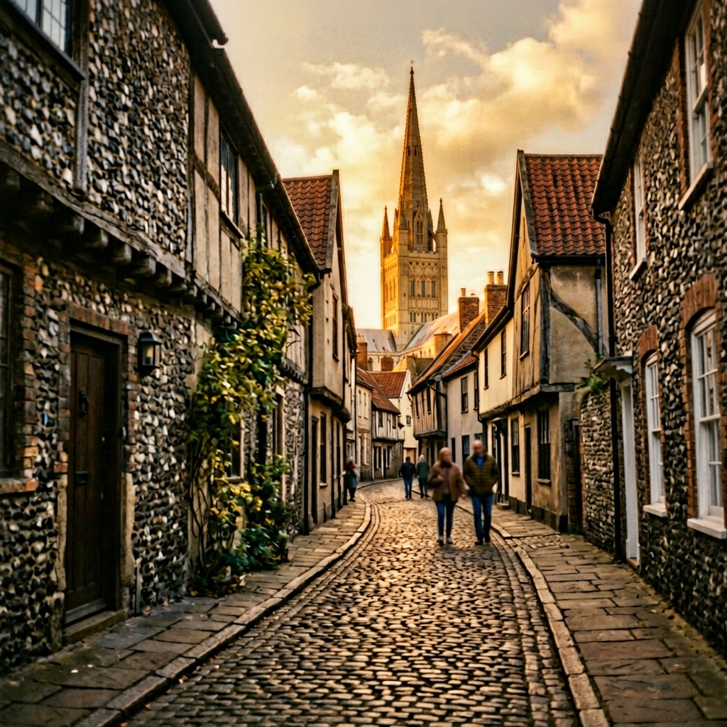 A golden hour view of Norwich with the cathedral spire rising above flint stone buildings